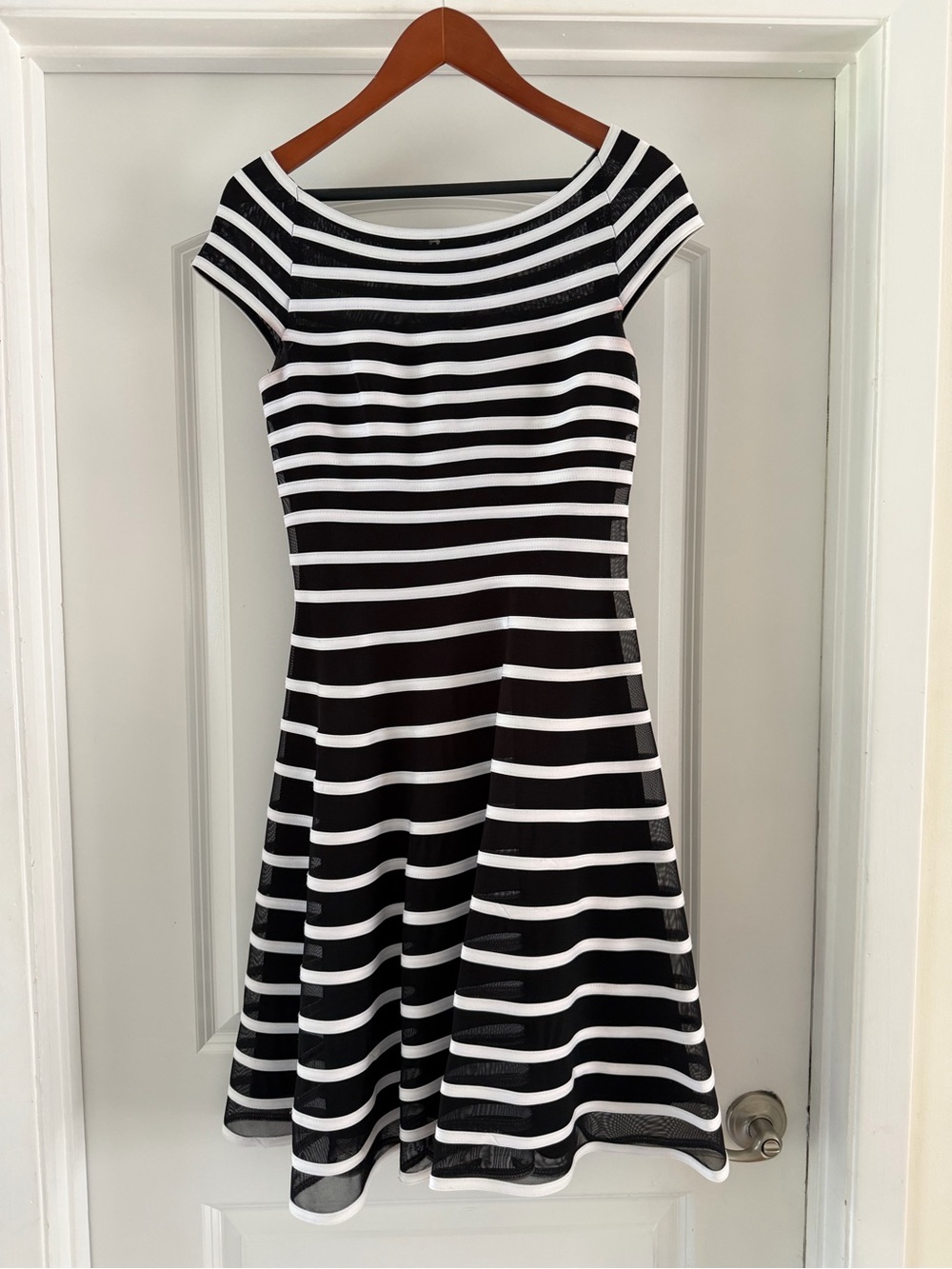 Black and White Striped Midi Fit-and-Flare Dress